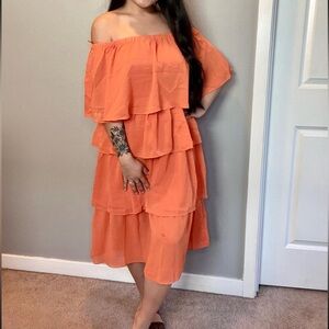 Petal Roz Orange Off The Shoulder Tiered Midi Dress Size S